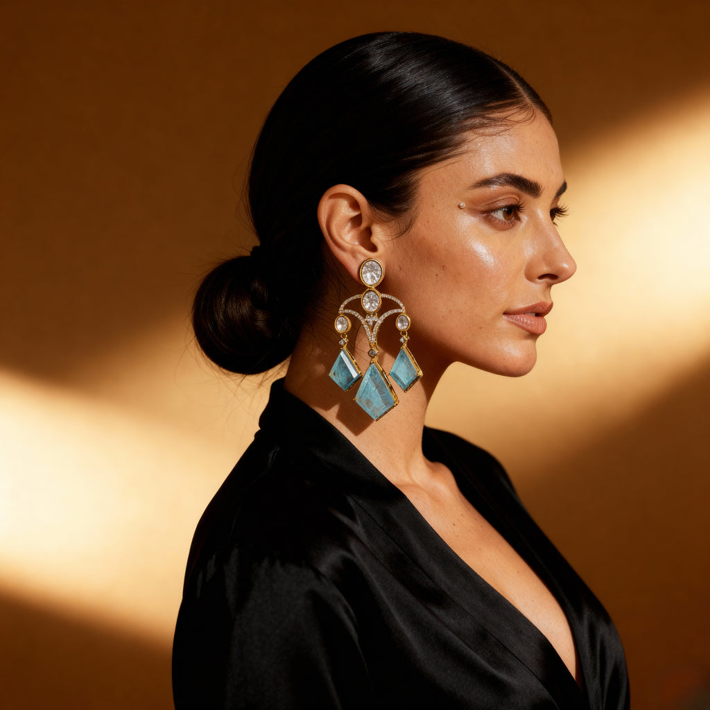 Elaborate Turquoise and Diamond Drop Earrings