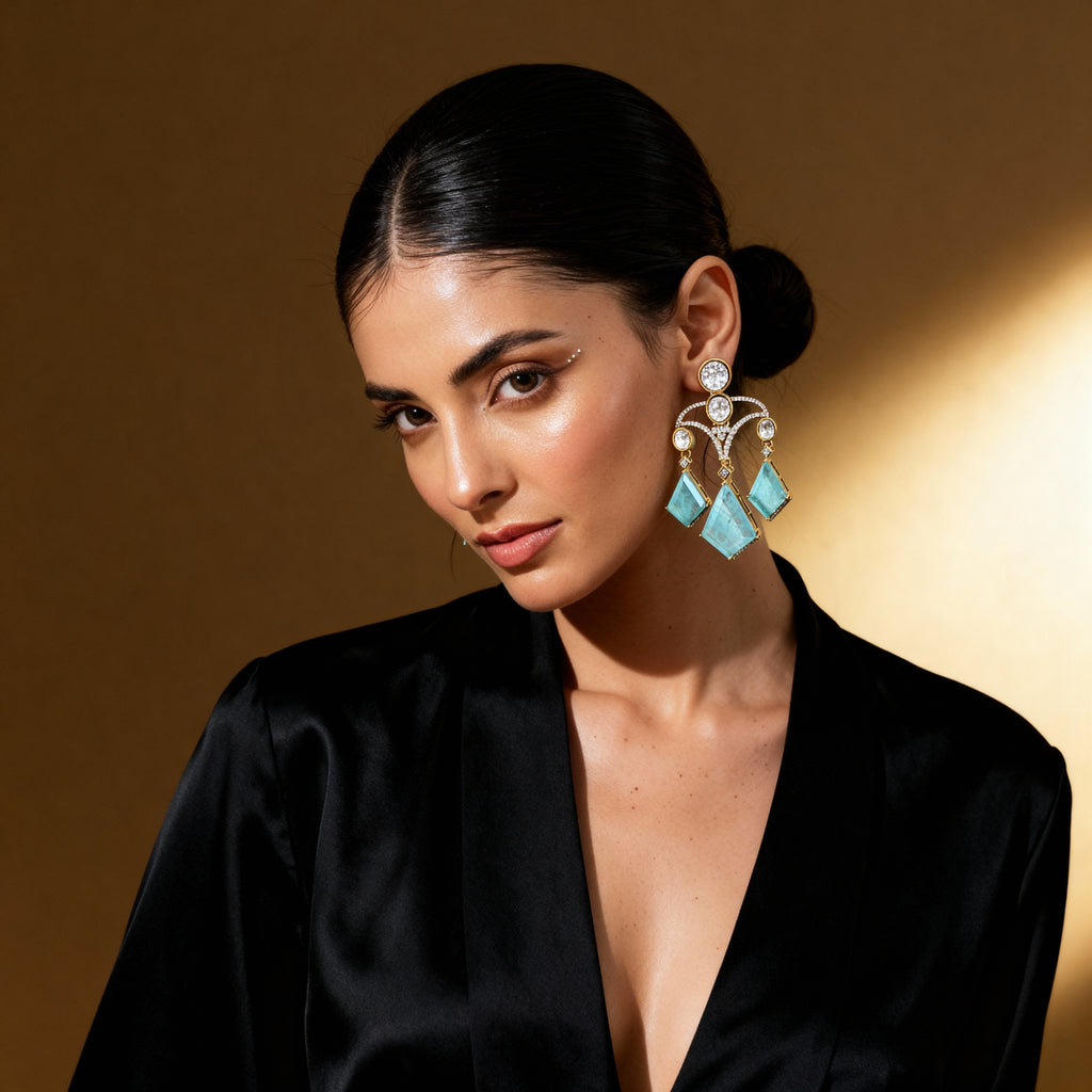 Elaborate Turquoise and Diamond Drop Earrings