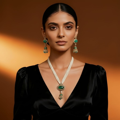 Gold-Tone Green & White Necklace and Earring Set