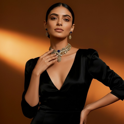 Gold-Tone Kundan Necklace & Earring Set with Blue Accents