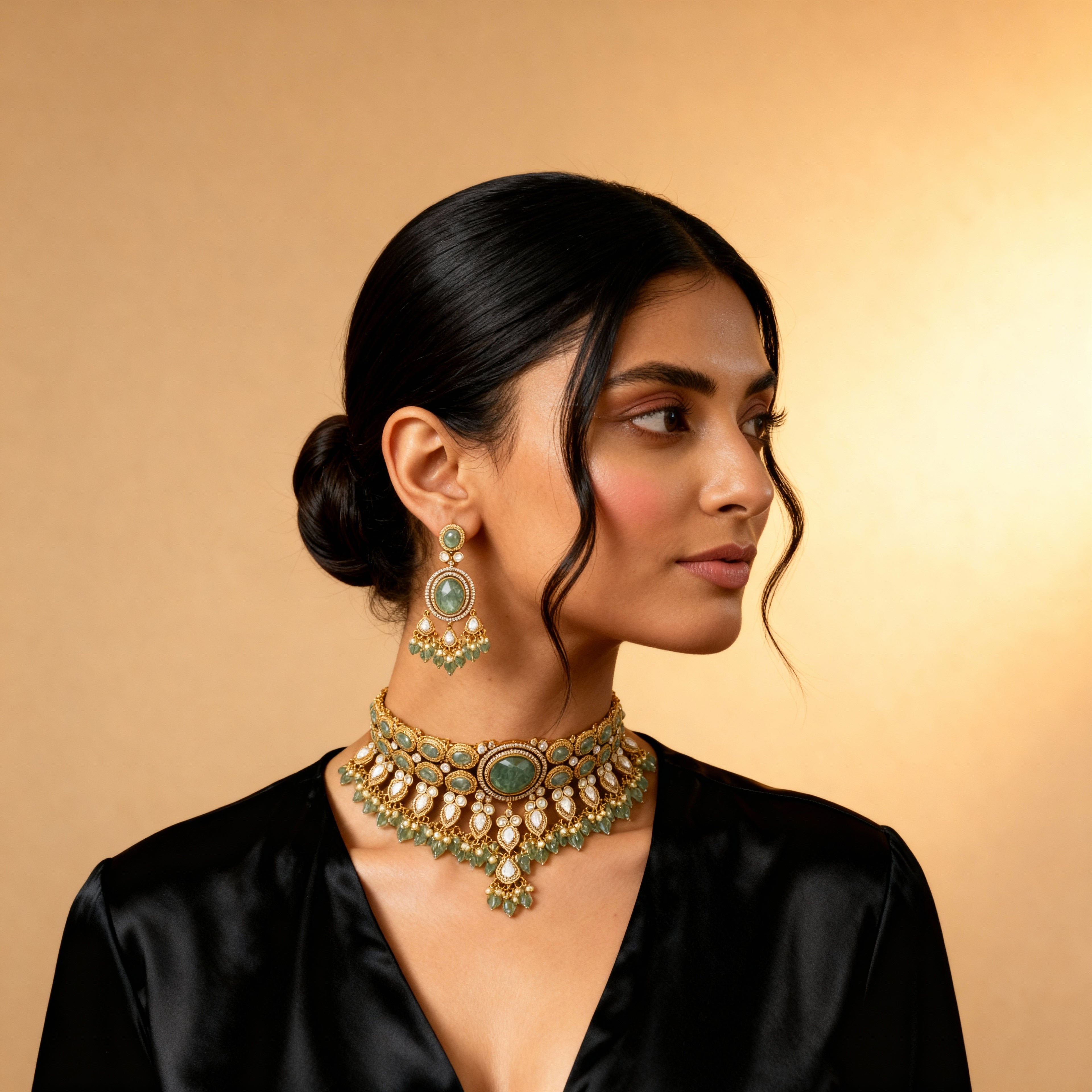 Gold-Plated Necklace with Green Gemstones and Pearl Accents