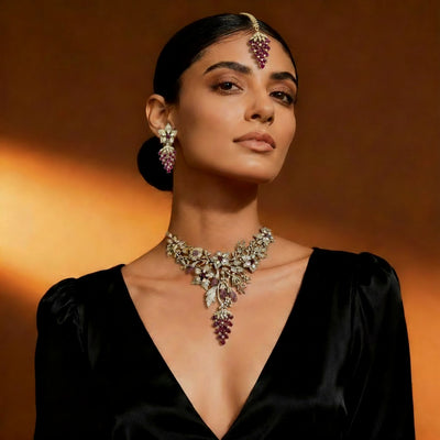 Gold & Silver-Tone Kundan Necklace & Earring Set