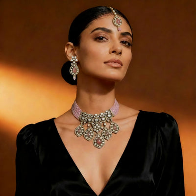 Gold & Silver-Tone Statement Necklace & Earring Set with Pink Accents