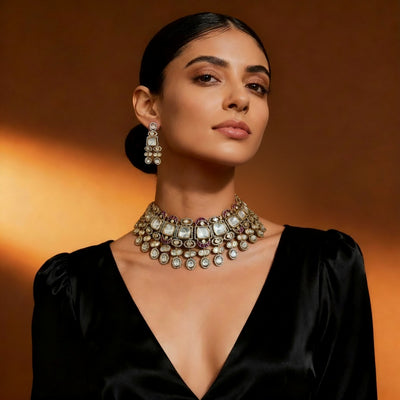 Gold-Tone Kundan Choker Necklace & Earring Set with White and Purple Accents